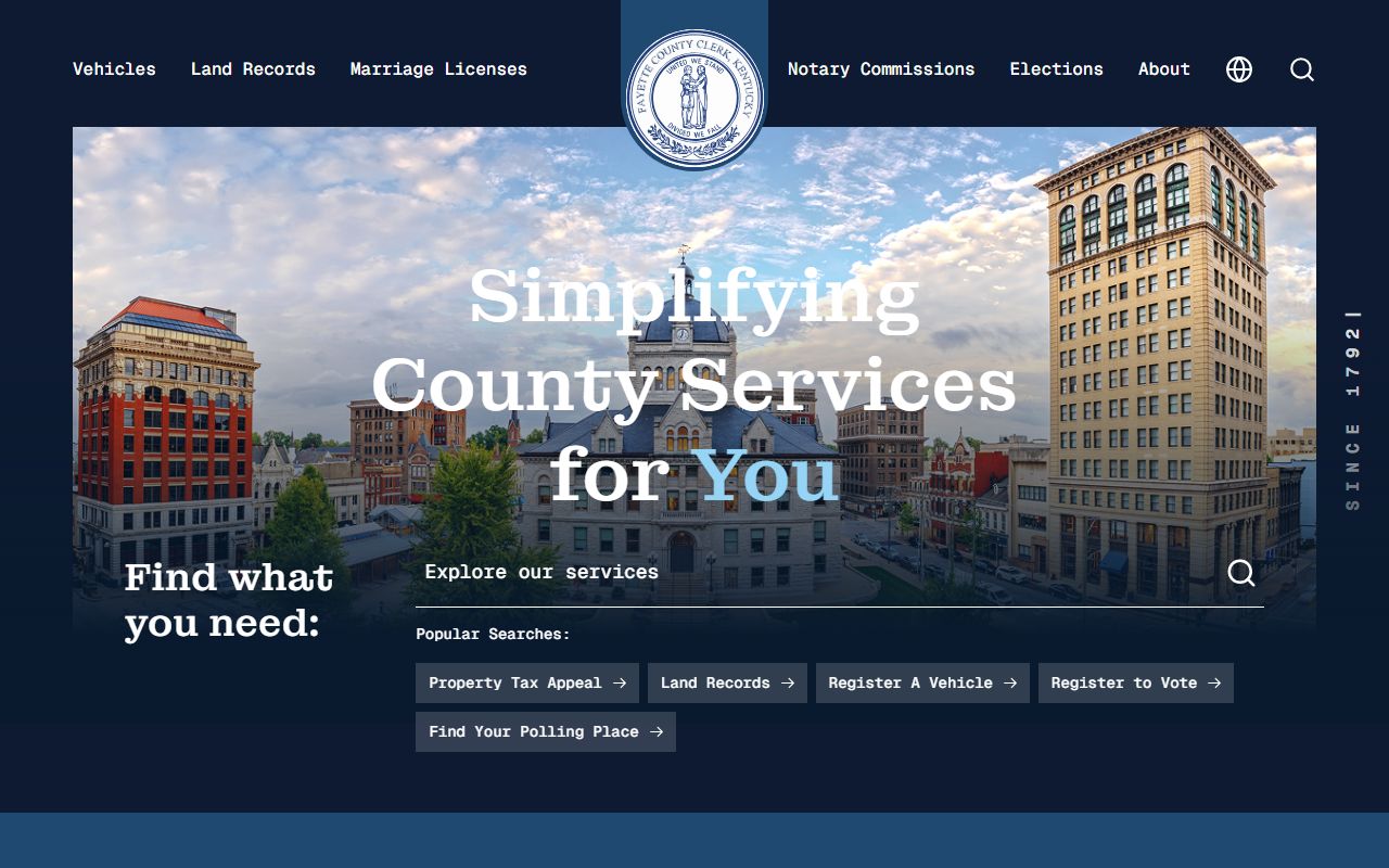 Fayette County Clerk homepage with marriage and land record services