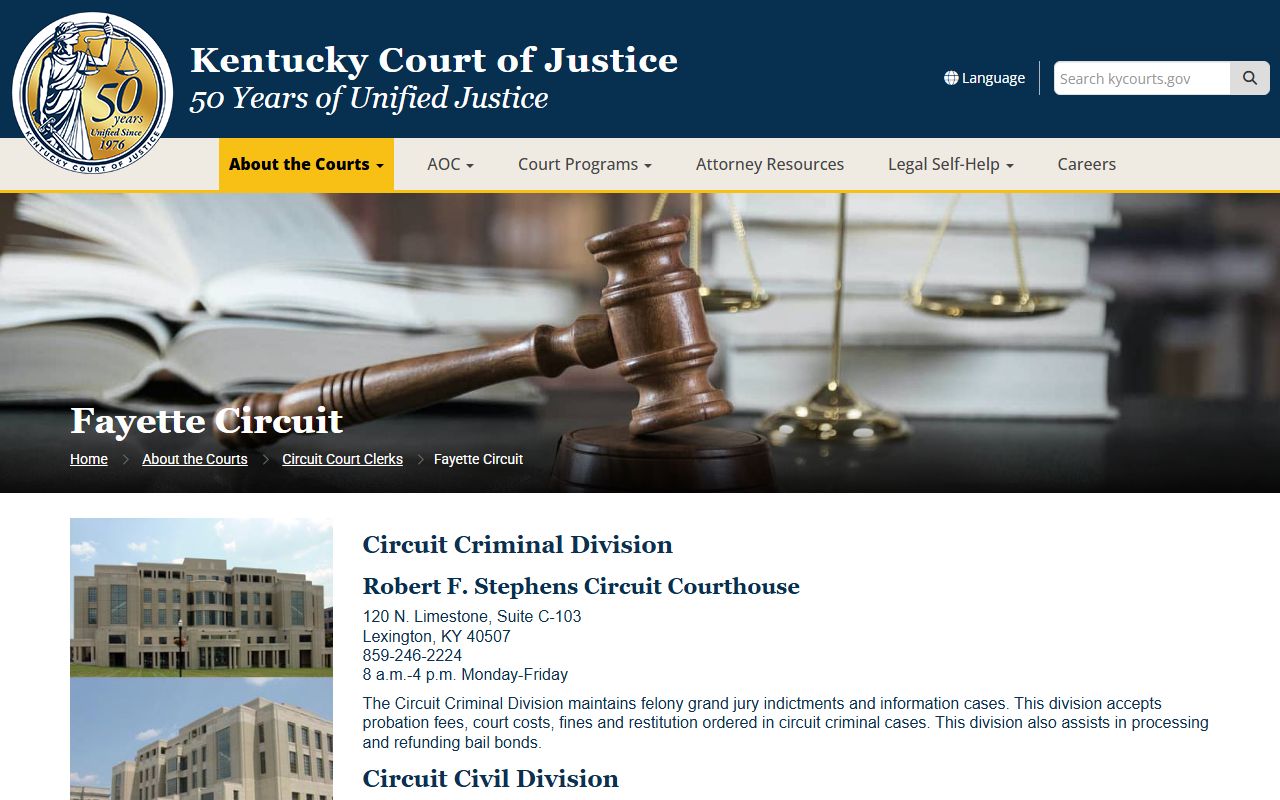 Fayette Circuit Court divisions on the Kentucky Court of Justice site