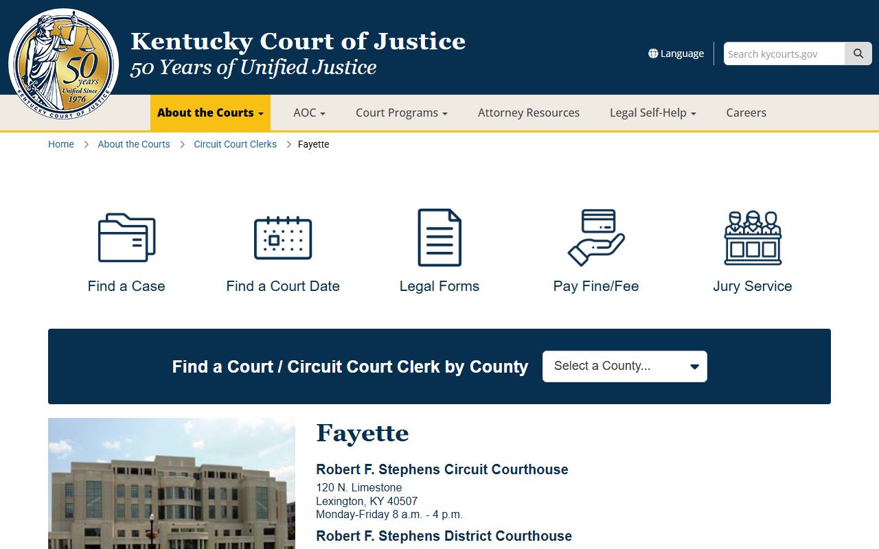 Kentucky Court of Justice Fayette County court information page