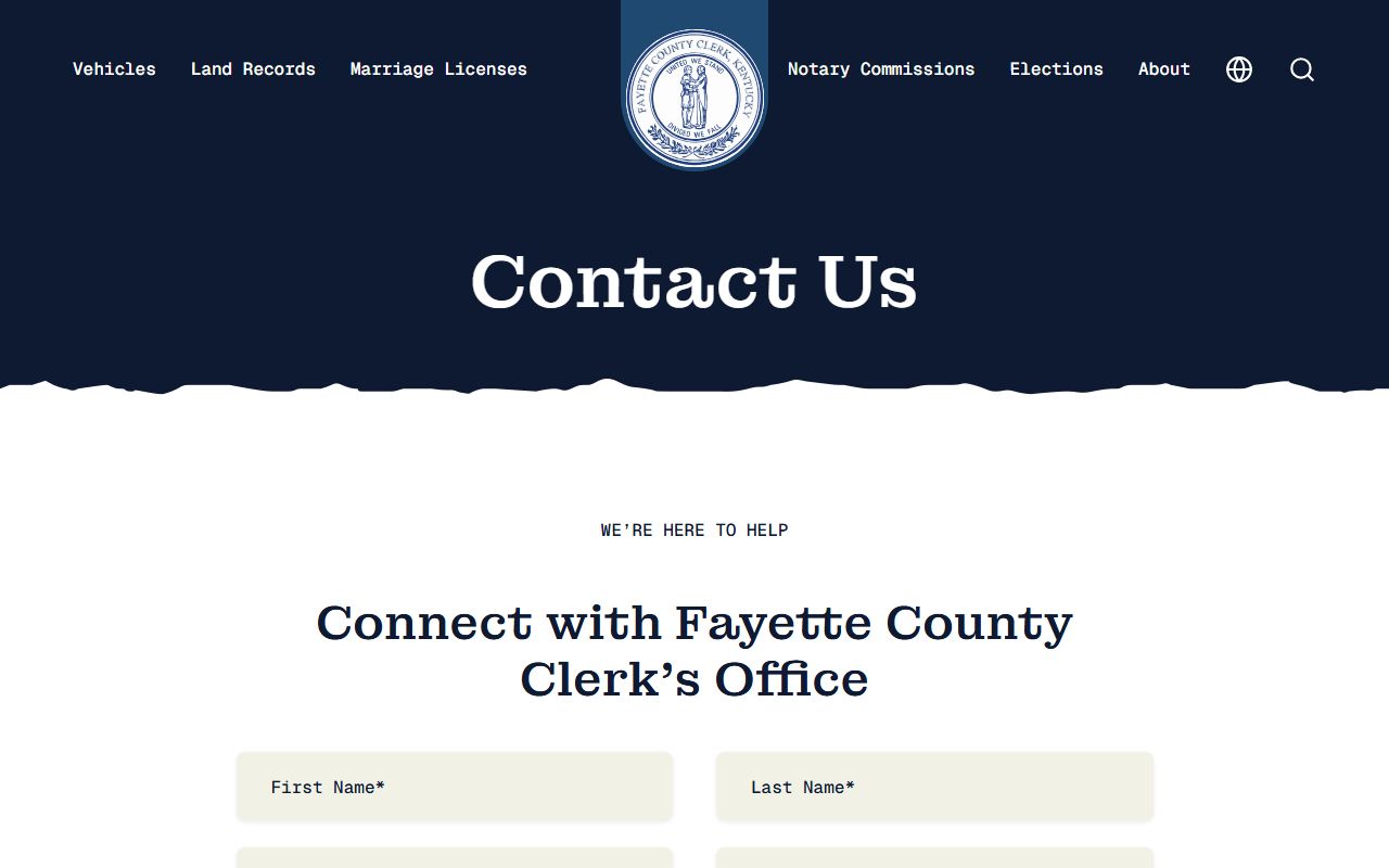 Fayette County Clerk contact form at fayettekyclerk.gov showing department selection and message fields