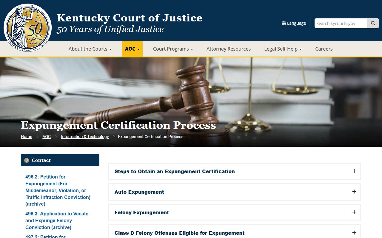 Fayette County court records expungement certification process and eligibility on the Kentucky Court of Justice site