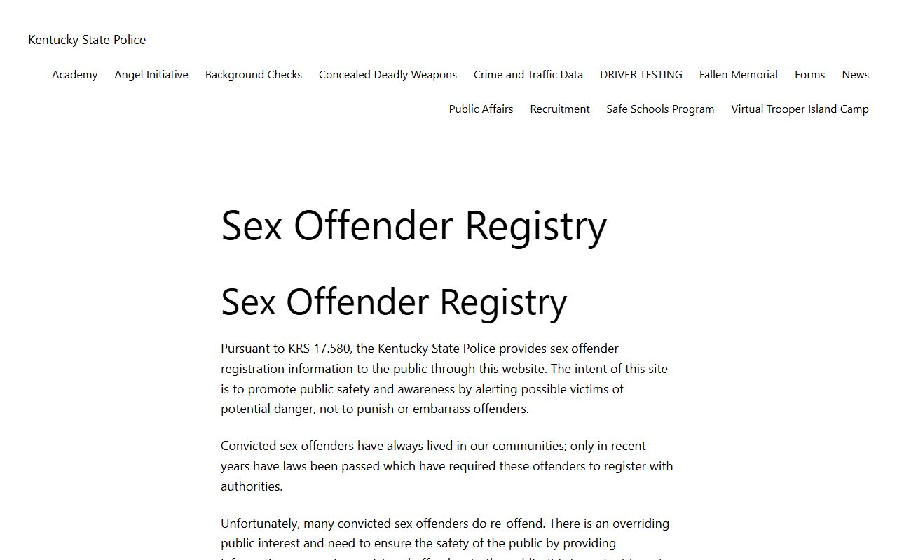 Fayette County criminal records Kentucky State Police sex offender registry KRS 17.580 information page