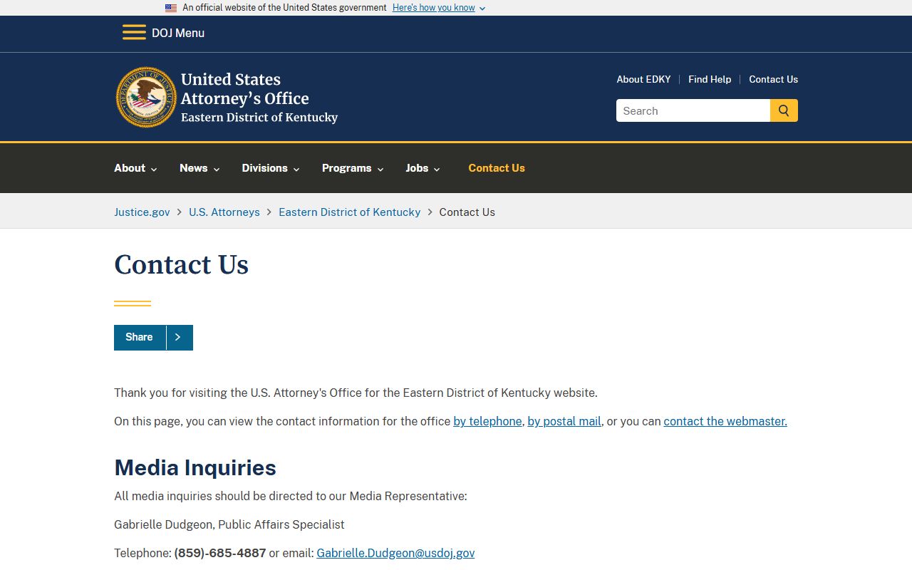 Fayette County U.S. Attorney Eastern District Kentucky contact page Lexington office