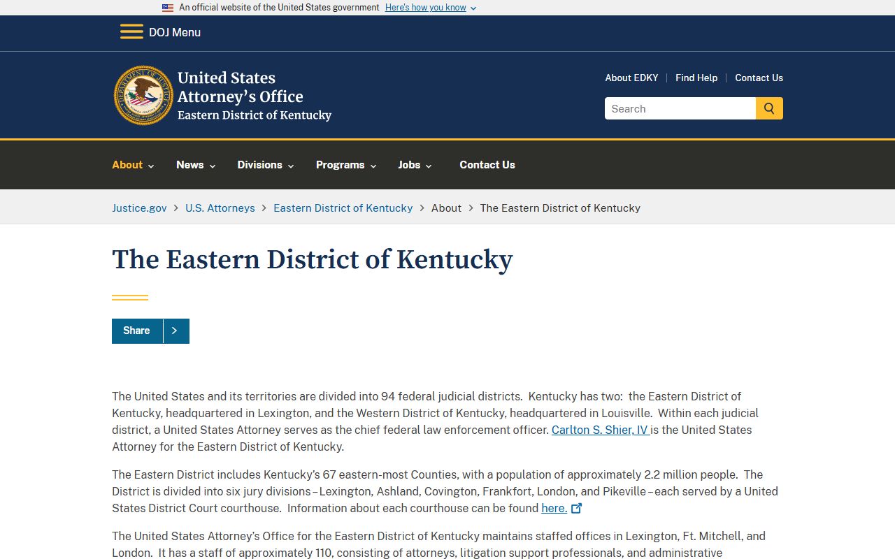 Fayette County U.S. Attorney Eastern District Kentucky district overview federal jurisdiction