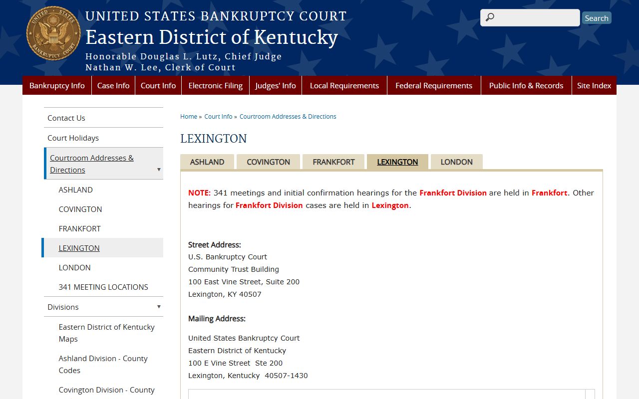 Fayette County U.S. Bankruptcy Court Eastern District Kentucky Lexington location contact