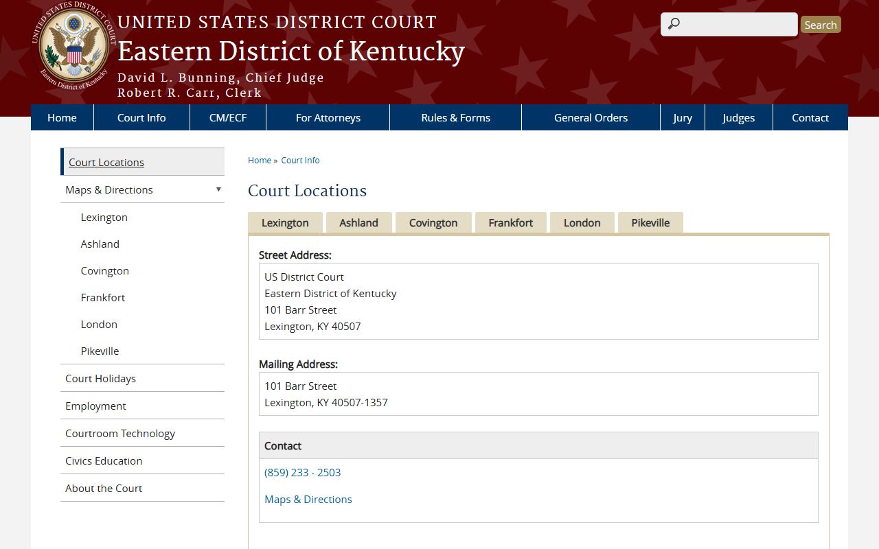 Fayette County U.S. District Court Eastern District Kentucky Lexington courthouse location contact