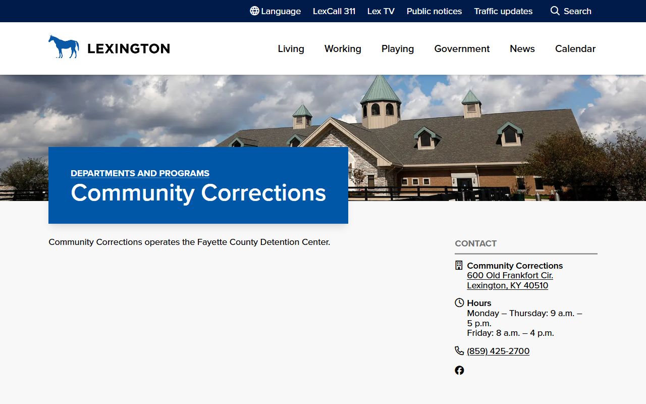 LFUCG Community Corrections page for the Fayette County Detention Center showing services and inmate information links