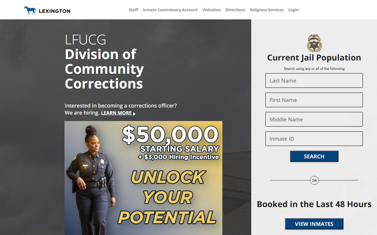 Fayette County inmate search portal showing current jail population search fields at jail.lexingtonky.gov
