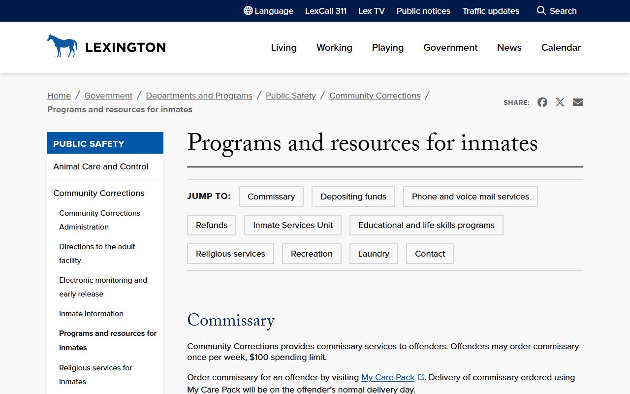 Fayette County Detention Center inmate programs page listing GED, rehabilitation, job skills, and religious services