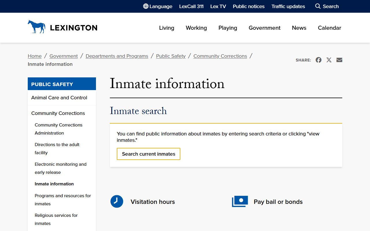 LFUCG inmate information page showing Fayette County Detention Center mail address, visitation rates, and bond phone number