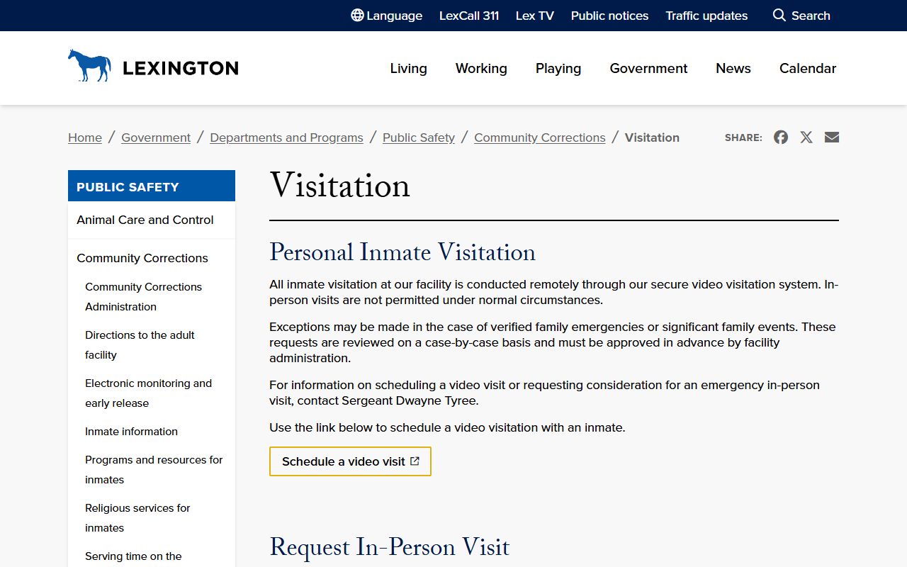 Fayette County Detention Center visitation page showing video-only policy and Sergeant Dwayne Tyree contact information