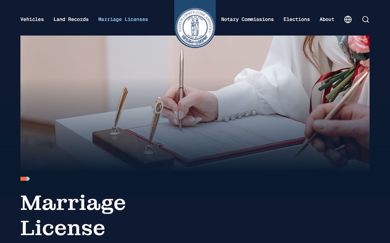 Fayette County Clerk marriage license requirements page showing fee and ID rules
