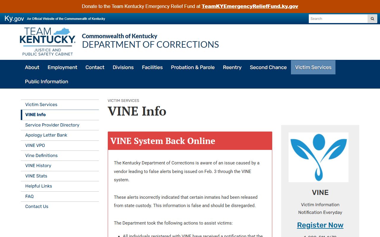 Kentucky DOC VINE information page showing custody notification registration for Fayette County inmates