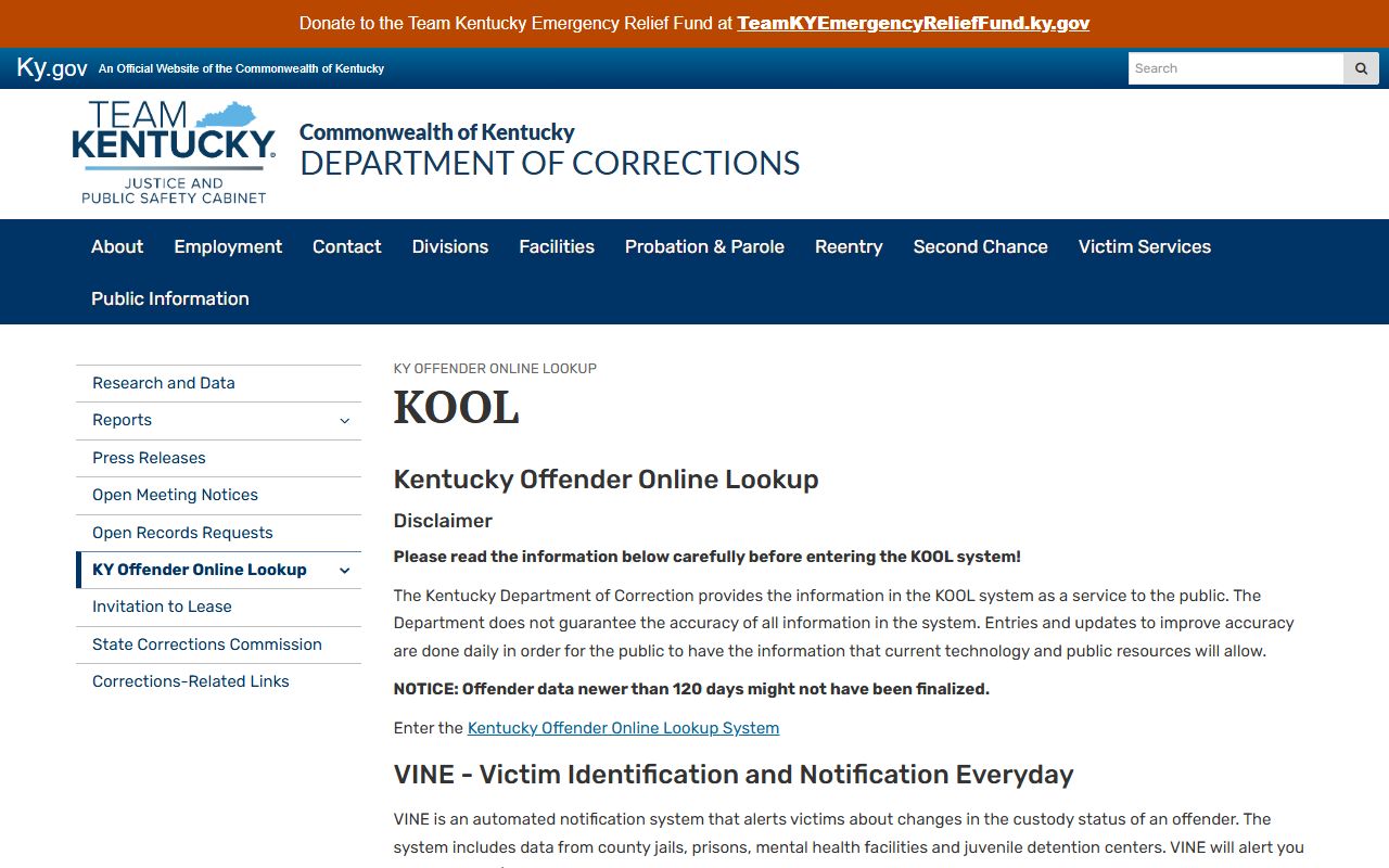Kentucky DOC KOOL offender lookup page used to search Fayette County released and supervised inmates