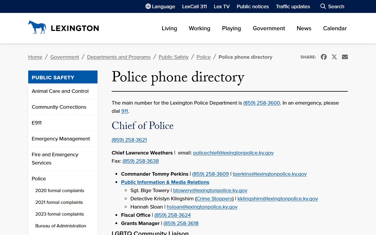 Lexington Police phone directory showing contact numbers for Lexington-Fayette departments