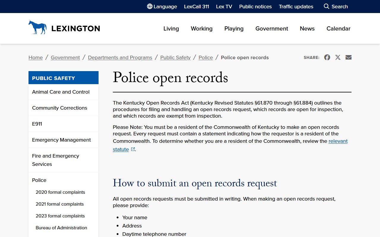 Lexington Police open records page for requesting police reports and related records in Fayette County